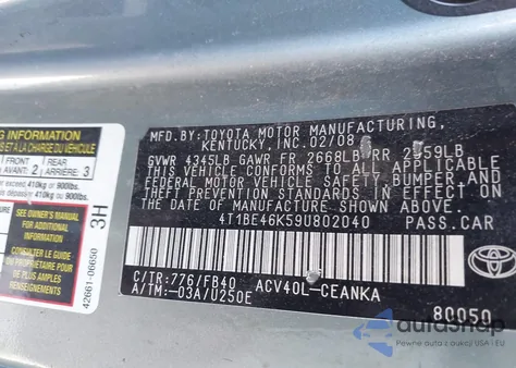 2009 Toyota Camry Le from USA, damaged, VIN 4T1BE46K59U802040